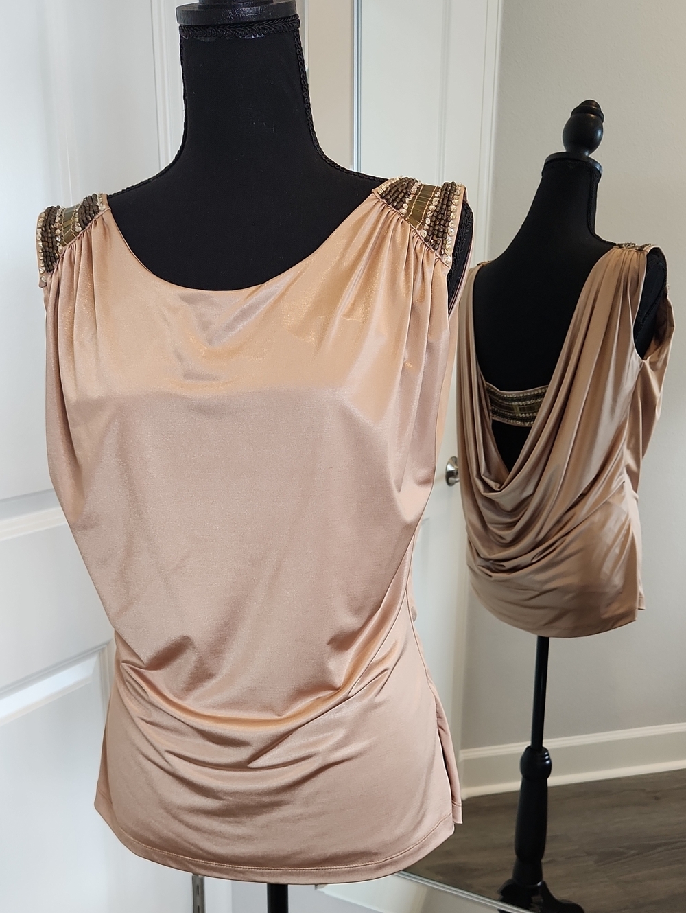 Cache Beaded-Strap Backless Satin Top in Champagne Blush